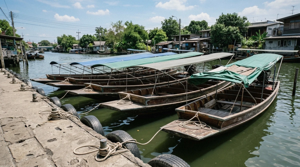 A longtail boat captain steering confidently through a quiet Thonburi canal, the kind of well planned departure that avoids common bangkok boat tour mistakes