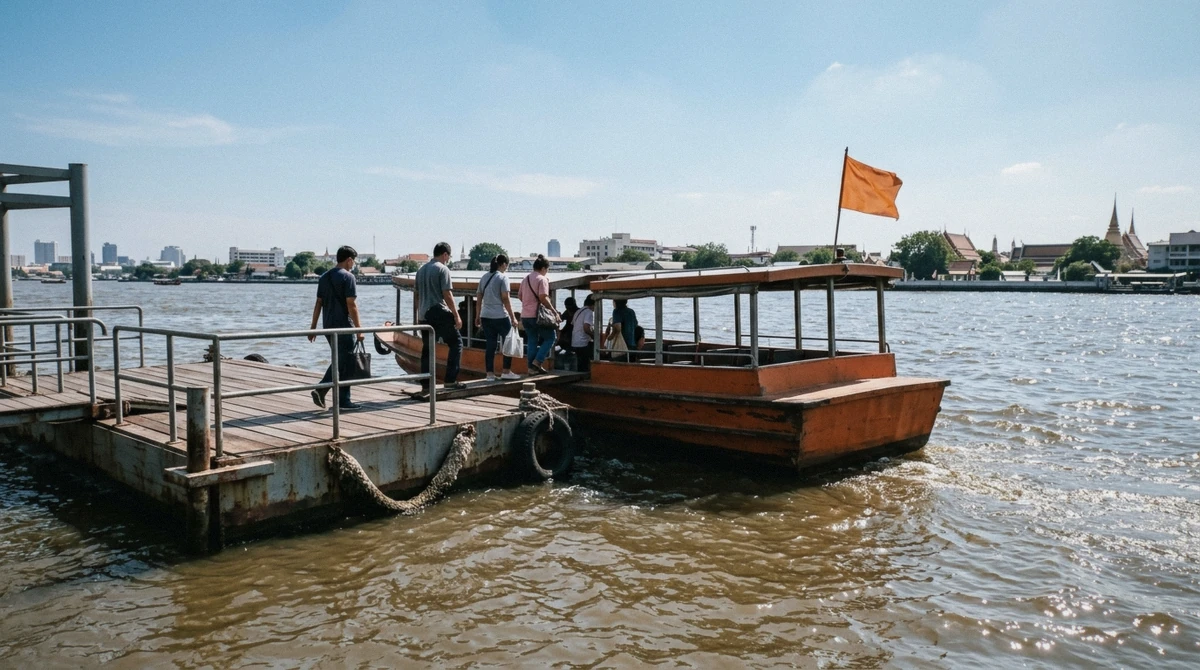 Passengers boarding an orange-flag chao phraya express boat at a central Bangkok pier