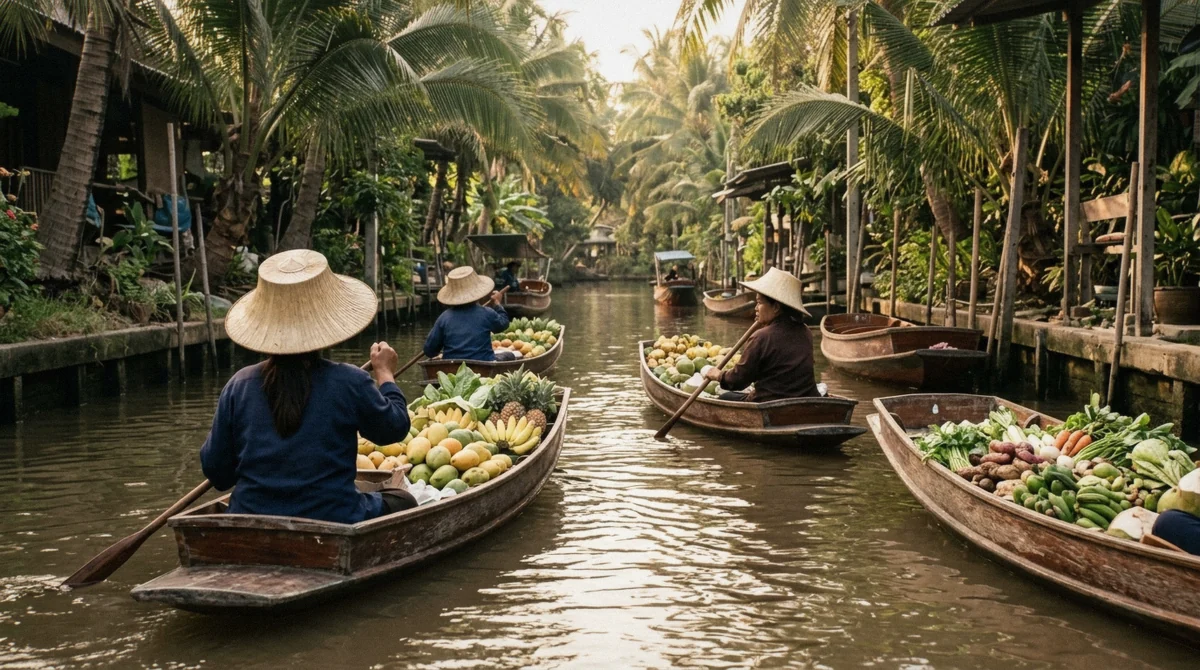 Wooden boats loaded with fruit and cooked food packed close together on a canal at one of the floating markets near Bangkok