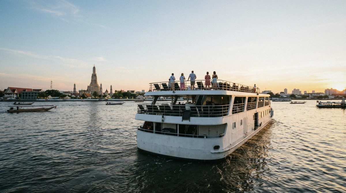 Evening light over the Chao Phraya River near Sathorn Pier, the fixed finish time every longtail charter should agree before boarding to avoid bangkok boat tour mistakes